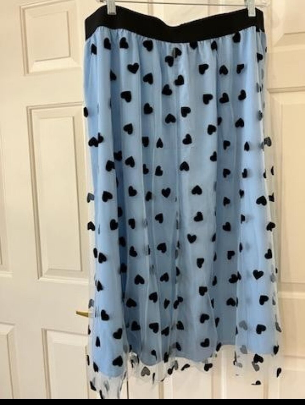 Light Blue Midi Skirt with Black Heart Appliqués